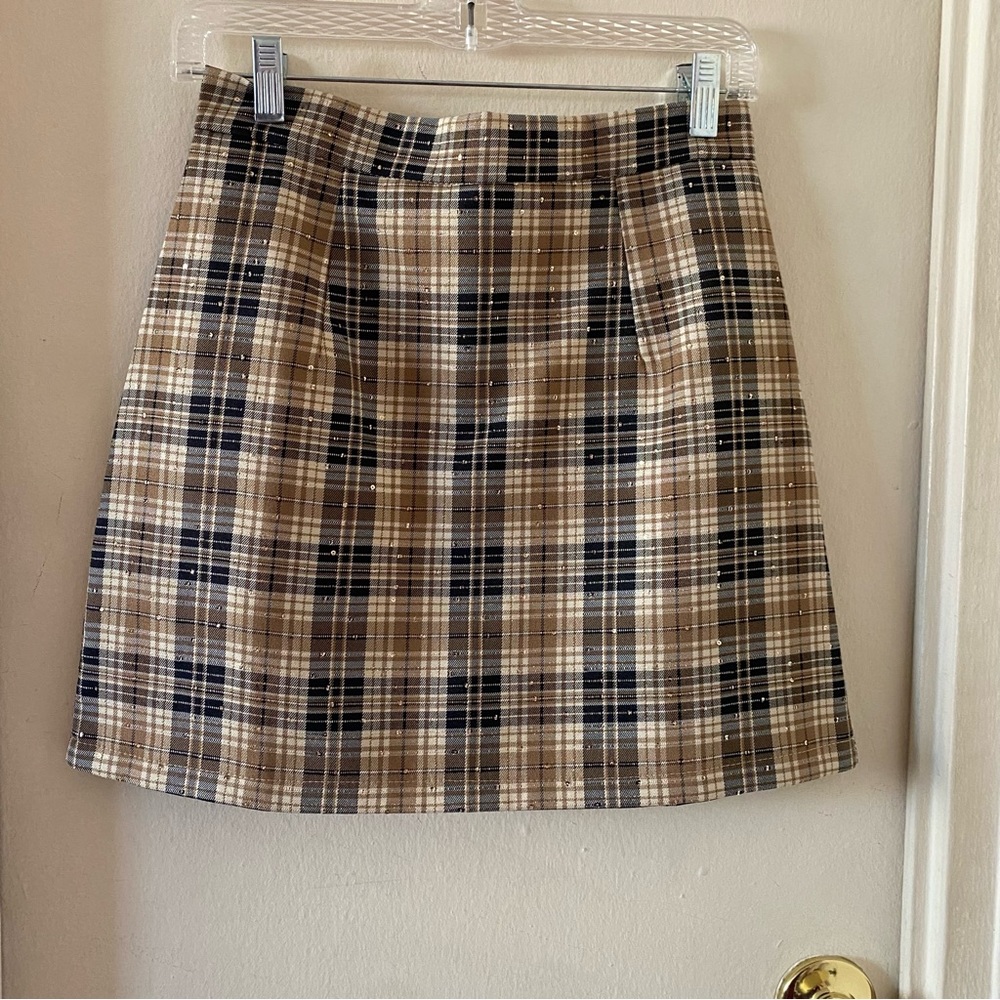 Tan and Black Mini Skirt with Attached Shorts and Sequin Details
